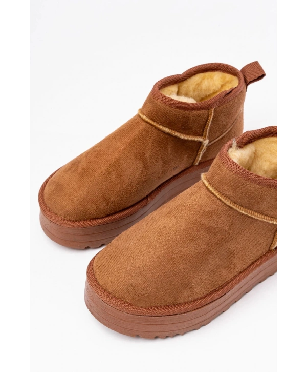 NDR-2850 Taba Süet İçi Kürklü Kışlık Kapalı Burun Kadın Günlük Terlik