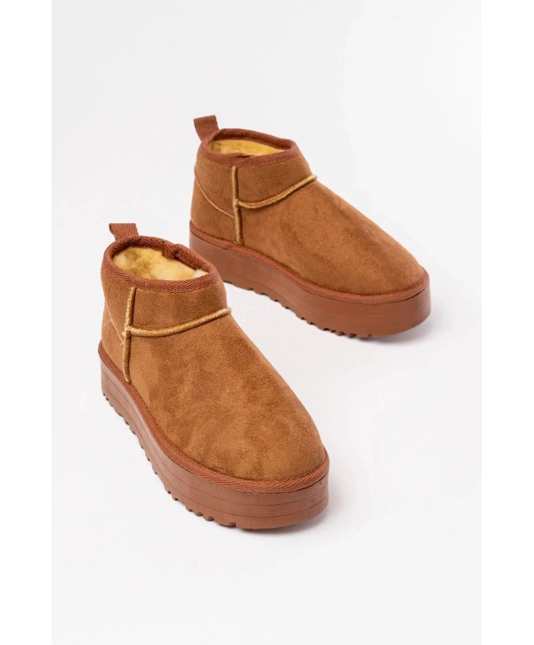 NDR-2850 Taba Süet İçi Kürklü Kışlık Kapalı Burun Kadın Günlük Terlik