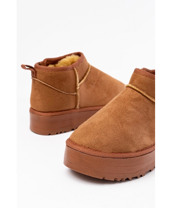 NDR-2850 Taba Süet İçi Kürklü Kışlık Kapalı Burun Kadın Günlük Terlik