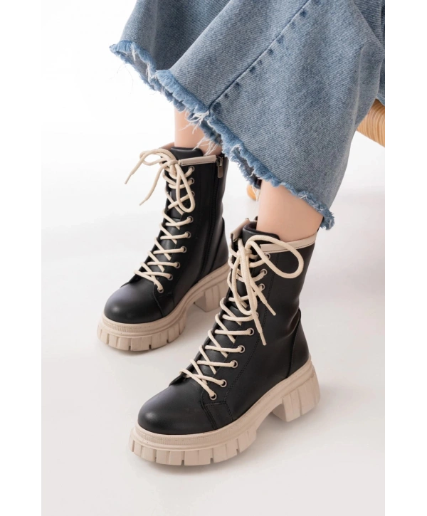 842-2961 Siyah Bağcıklı Kalın Tabanlı Fermuarlı Günlük Kadın Bot