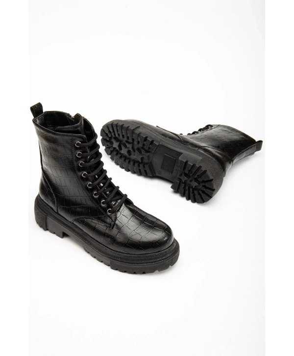 812-356 Siyah Kroko Bağcıklı Fermuarlı Günlük Kadın Bot