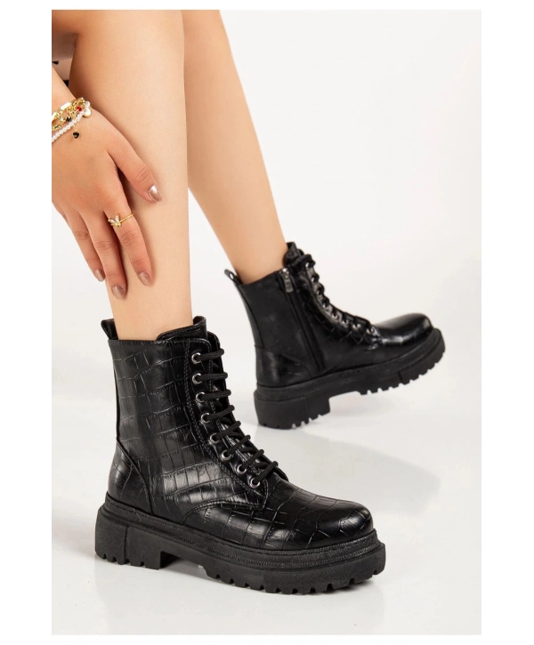812-356 Siyah Kroko Bağcıklı Fermuarlı Günlük Kadın Bot