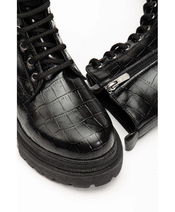 812-356 Siyah Kroko Bağcıklı Fermuarlı Günlük Kadın Bot