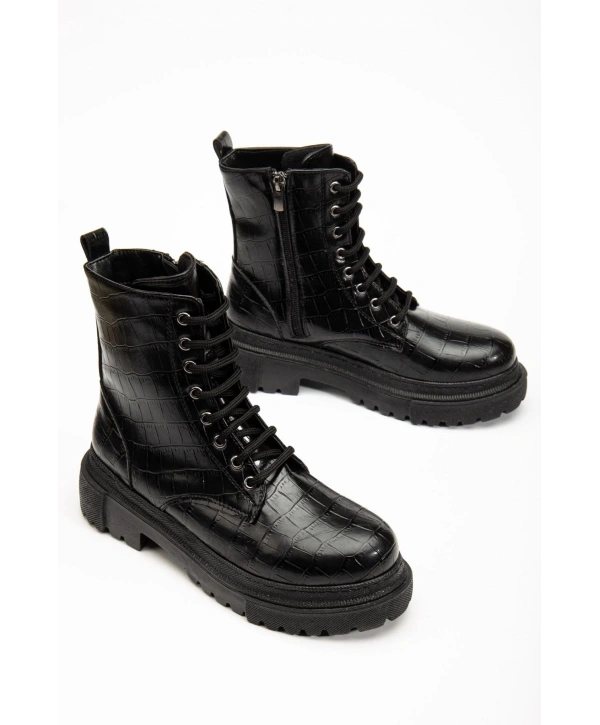 812-356 Siyah Kroko Bağcıklı Fermuarlı Günlük Kadın Bot
