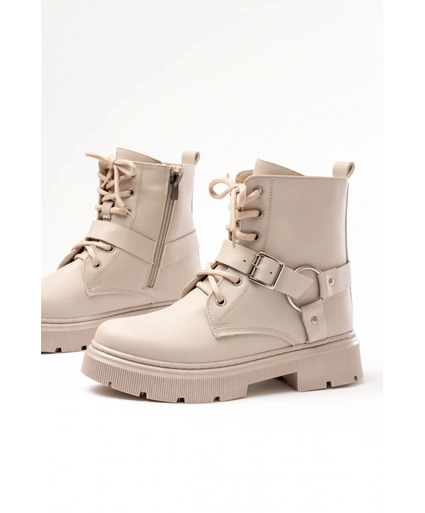 508-3038 Bej Toka Aksesuarlı Fermuarlı Günlük Kadın Bot