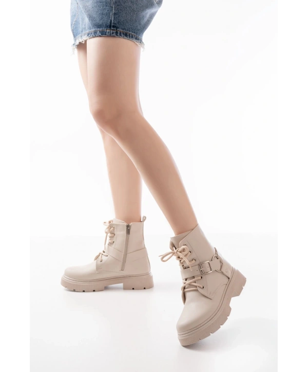 508-3038 Bej Toka Aksesuarlı Fermuarlı Günlük Kadın Bot