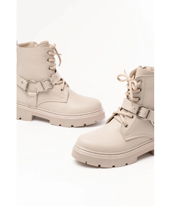 508-3038 Bej Toka Aksesuarlı Fermuarlı Günlük Kadın Bot