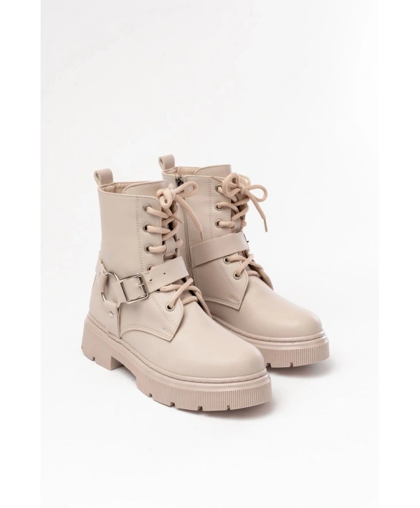 508-3038 Bej Toka Aksesuarlı Fermuarlı Günlük Kadın Bot