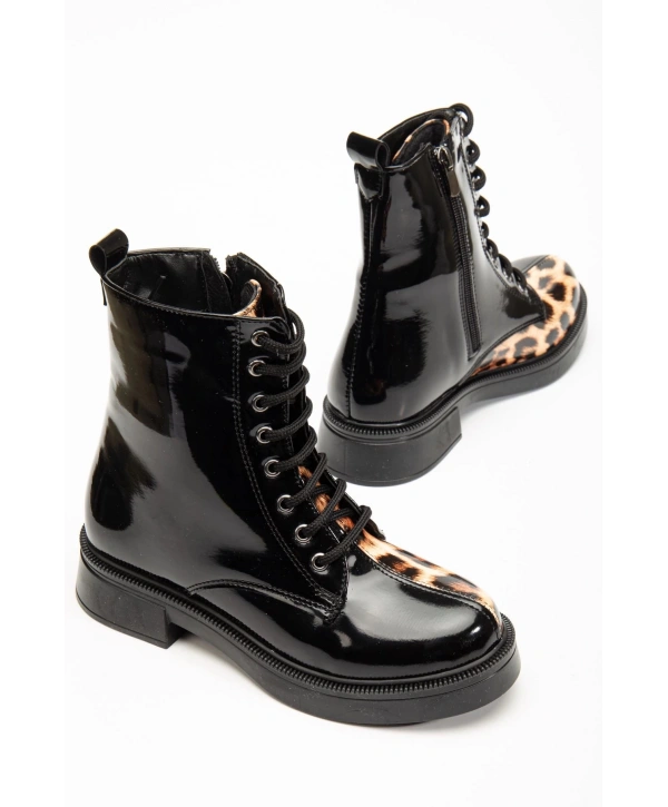 02-3055 Siyah Rugan Leopar Bağcıklı Fermuarlı Günlük Kadın Bot