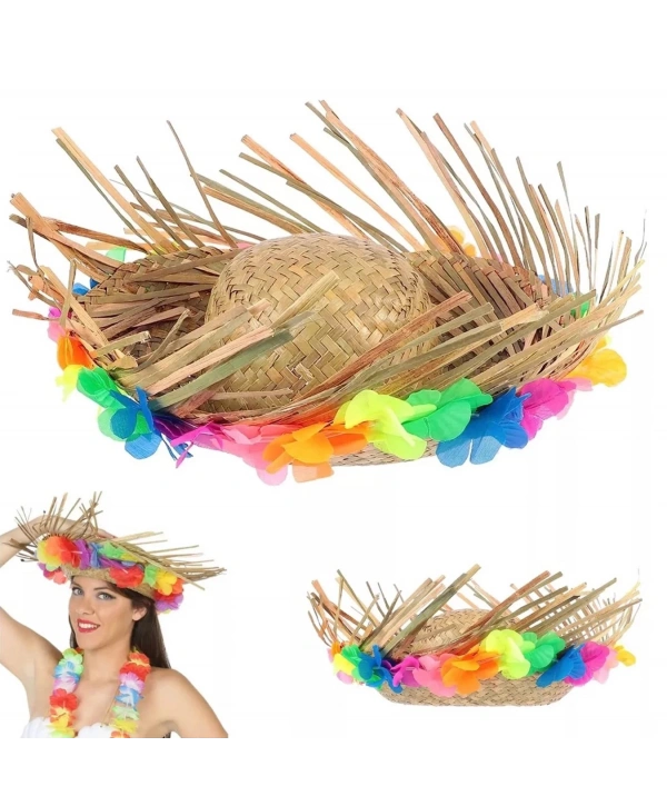 Naturel Renk Püsküllü Örme Hasır Hawaii Luau Aloha Şapka 13x36 Cm