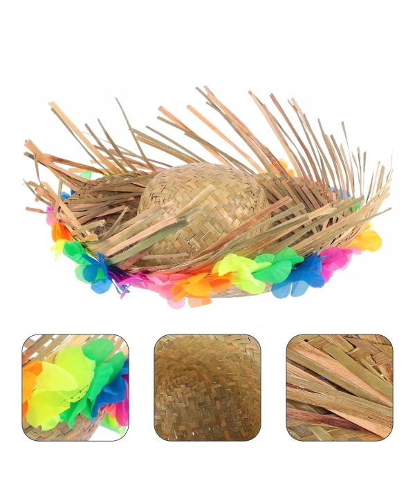 Naturel Renk Püsküllü Örme Hasır Hawaii Luau Aloha Şapka 13x36 Cm