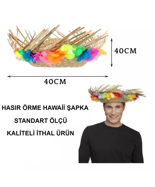 Naturel Renk Püsküllü Örme Hasır Hawaii Luau Aloha Şapka 13x36 Cm