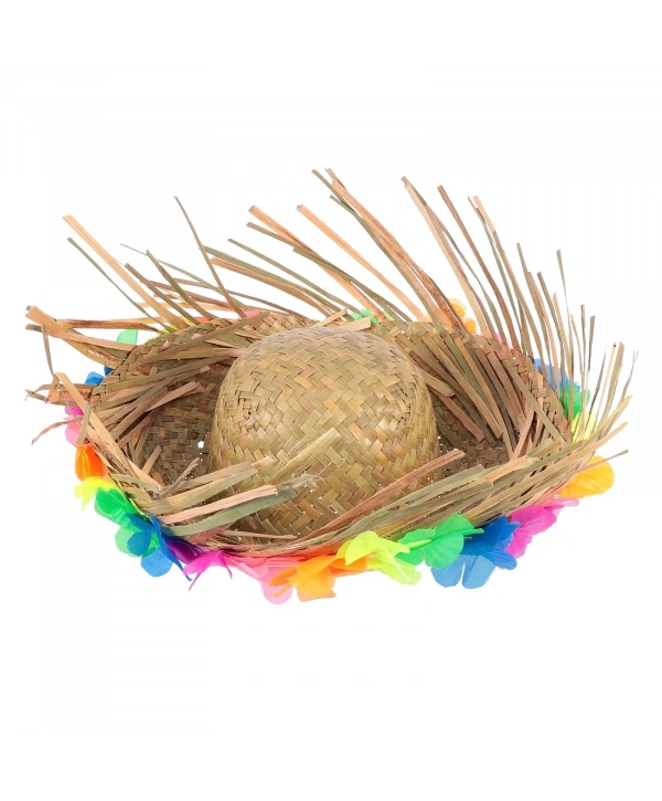 Naturel Renk Püsküllü Örme Hasır Hawaii Luau Aloha Şapka 13x36 Cm