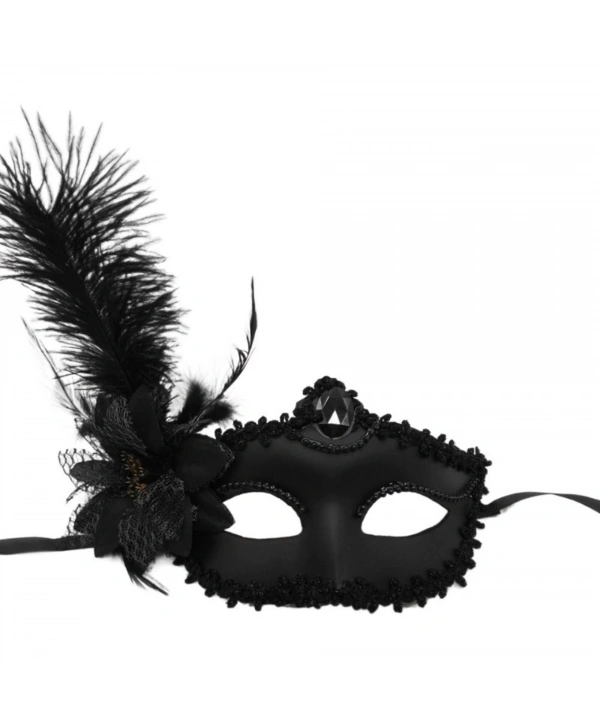 Siyah Mat Renk Yandan Tüylü Güllü Parti Balo Venedik Maskesi 16x22