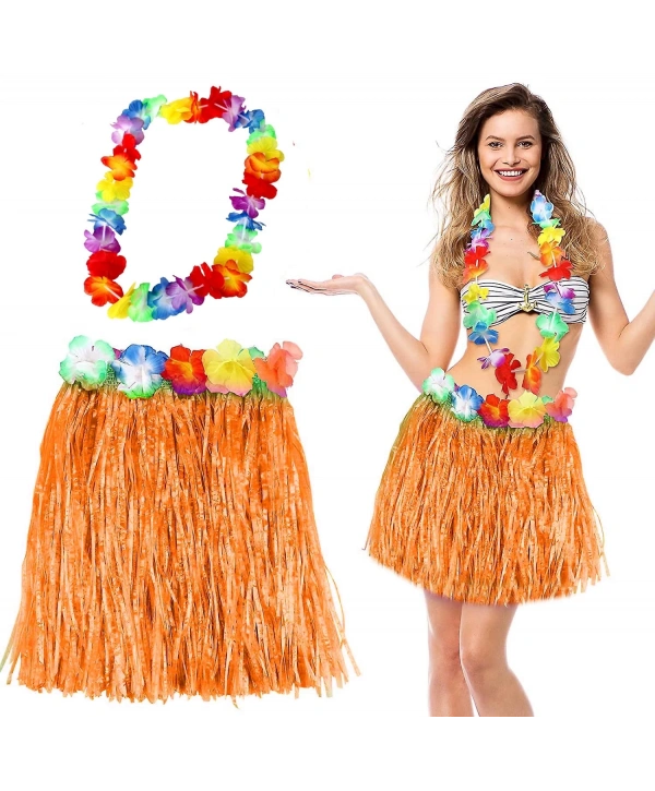 Hawaii Luau Aloha Turuncu Püsküllü 40 Cm Etek Ve Hawaii Kolye Seti