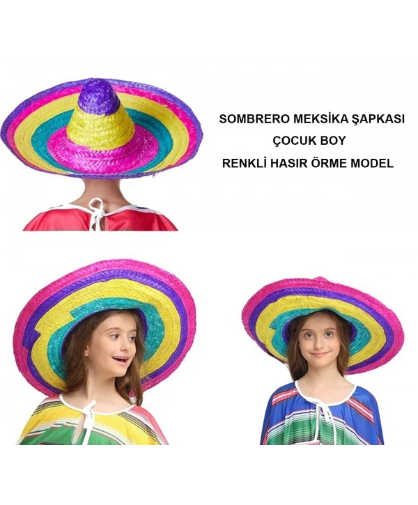 Sombrero Meksika Şapkası Renkli Örme Hasır Çocuk Boy