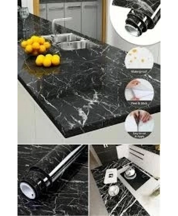 Siyah Mermer Desenli Yapışkanlı Tezgah Folyosu (3 Mt.x 60 Cm)
