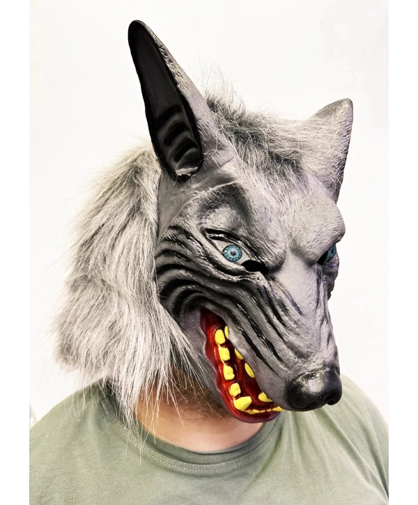 Kafaya Tam Geçmeli Lateks Mavi Gözlü Dişli Ağzı Açık Kurt Maskesi
