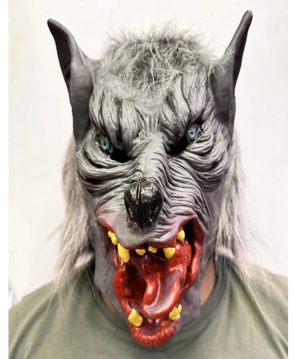 Kafaya Tam Geçmeli Lateks Dil Çıkaran Mavi Gözlü Kurt Maskesi
