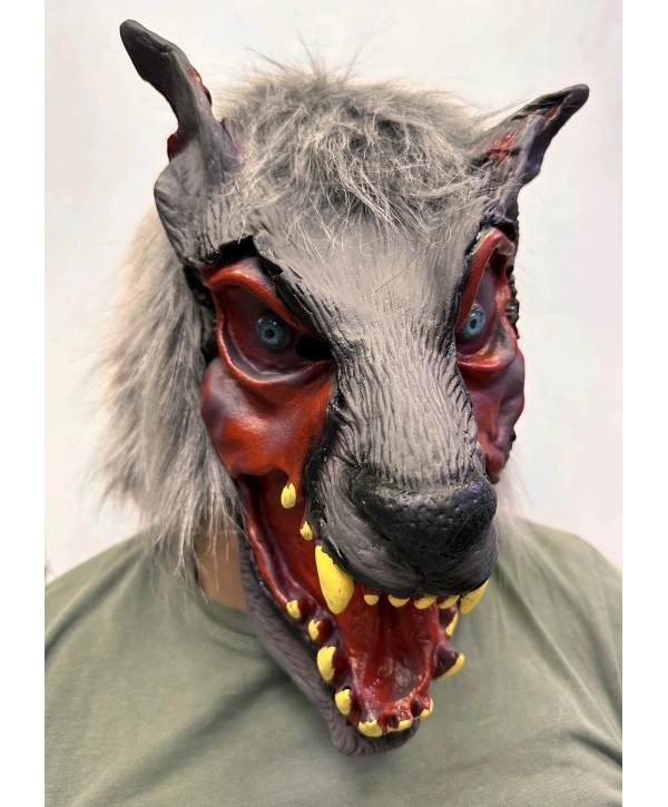 Kafaya Tam Geçmeli Lateks Dişli Ağzı Açık Kurt Maskesi
