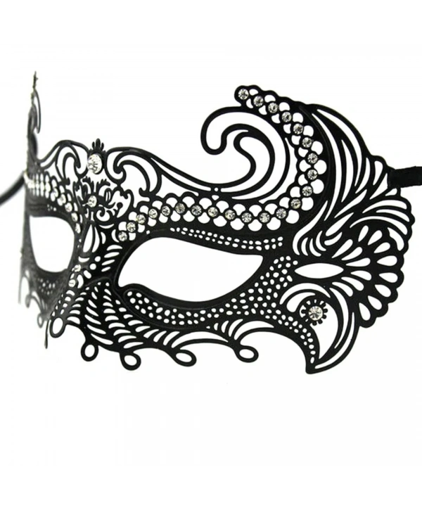 Siyah Renk Lazer Kesim Üzeri Kristal Taşlı Metal Balo Parti Venedik Maskesi