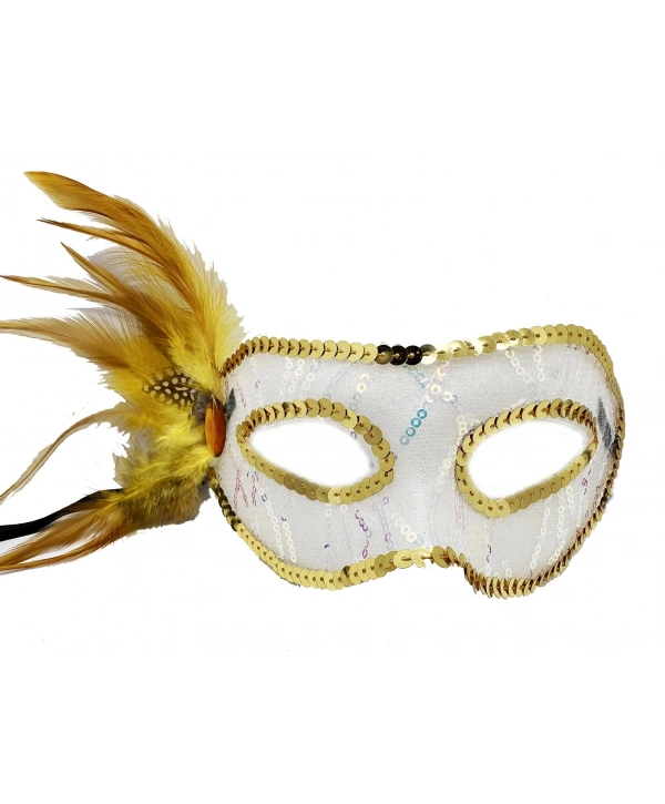 Altın Renk Yandan Tüylü Pul Payet İşlemeli Parti Maskesi 23x12 Cm