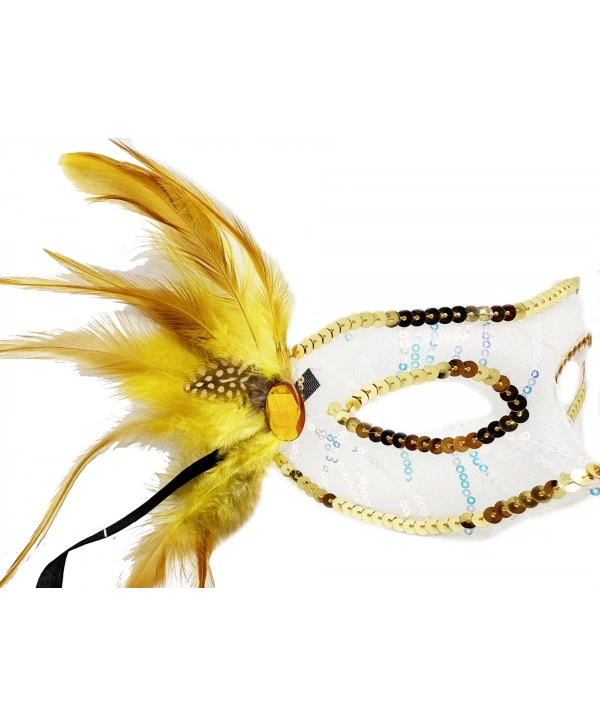 Altın Renk Yandan Tüylü Pul Payet İşlemeli Parti Maskesi 23x12 Cm