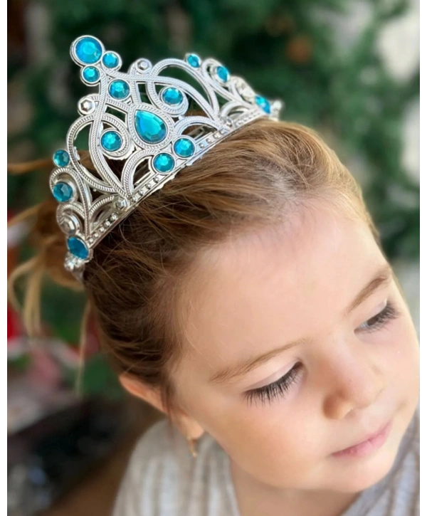 Mavi Taşlı Elsa Çocuk Tacı Prenses Tacı Kraliçe Tacı 16x14 Cm