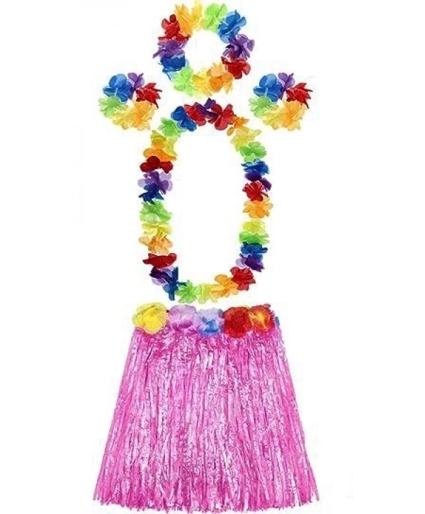 Yetişkin Ve Çocuk Uyumlu Luau Aloha Hawaii Pembe Etek Ve Renkli Kolye Taç 2 Adet Bileklik Seti