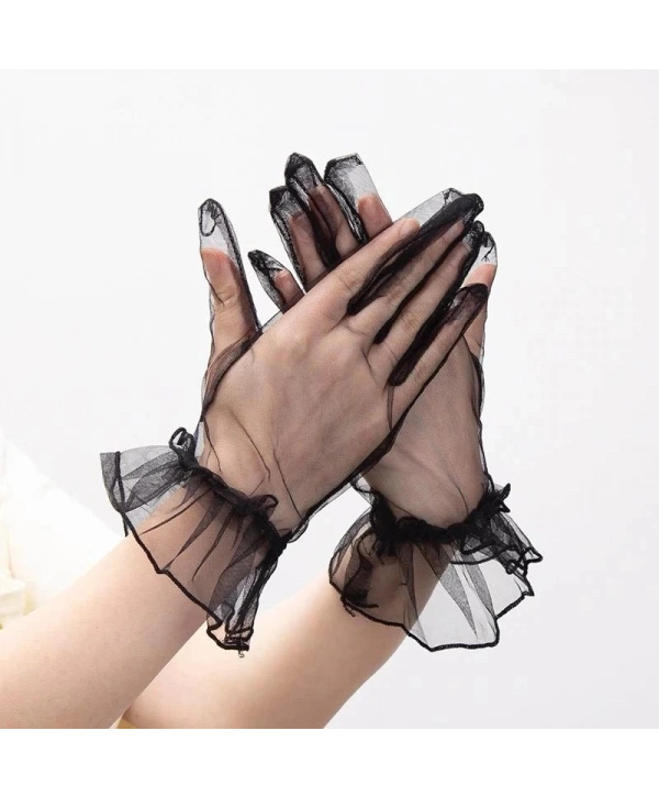 Kısa Boy Likralı Güpürlü Yetişkin Tül Eldiven Siyah Renk