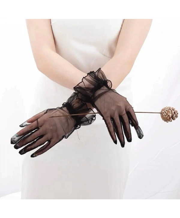 Kısa Boy Likralı Güpürlü Yetişkin Tül Eldiven Siyah Renk