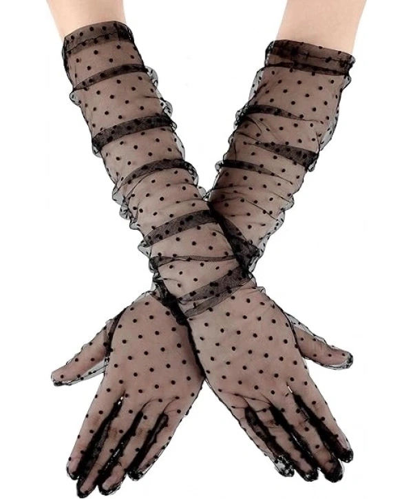 Uzun Boy Siyah Puantiyeli Siyah Renk Yetişkin Tül Eldiven 55 Cm