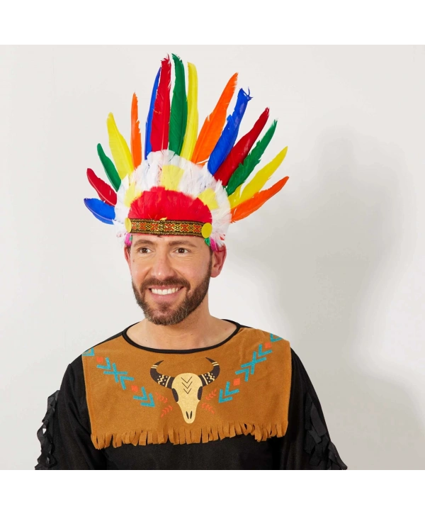 Rengarenk Gerçek Tüylü Lastik Aparatlı Kızılderili Başlığı