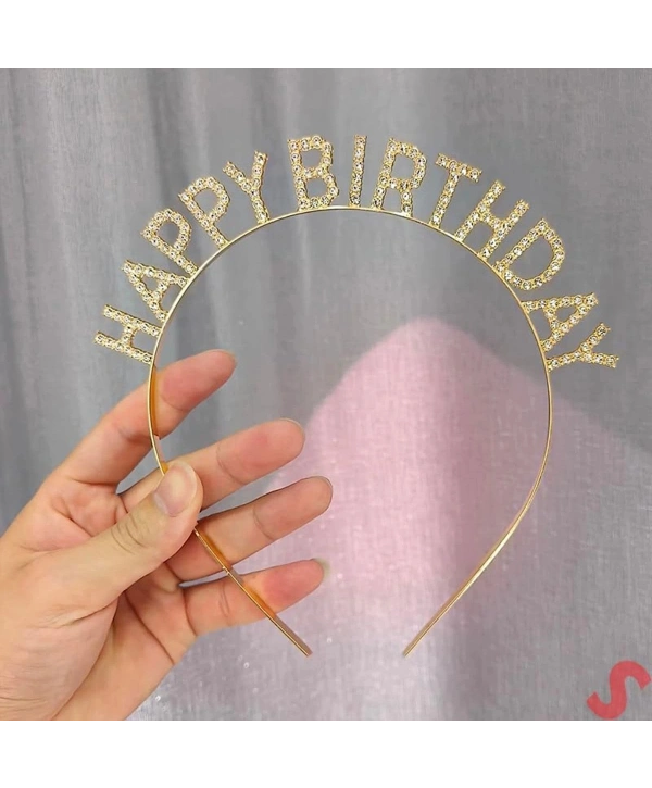Altın Gold Renk Kristal Taşlı Parlak Happy Birthday Taç 16x17 Cm