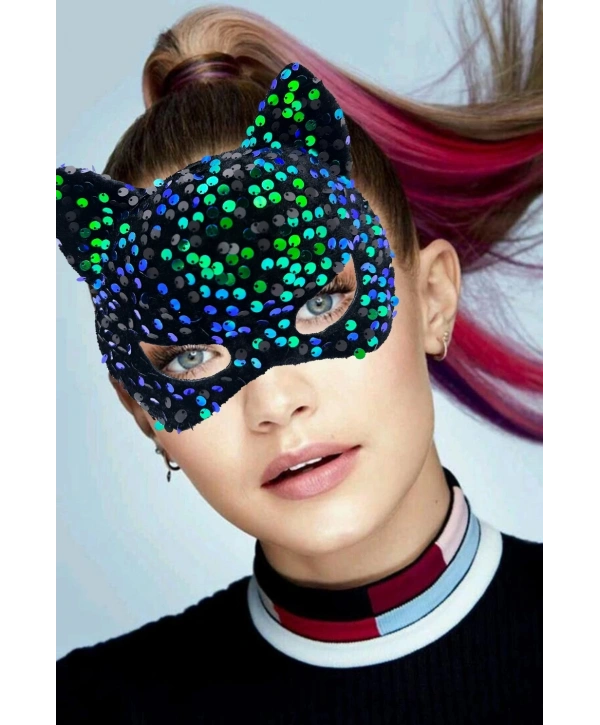 Siyah Kadife Kumaş Üzerine Mavi Yeşil Payetli Pullu Parti Maskesi 16x14 Cm