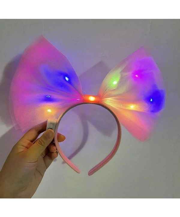 Rengarenk Led Işıklı Fiyonk Şekilli Tül Parti Tacı Pembe Renk 25x25 Cm