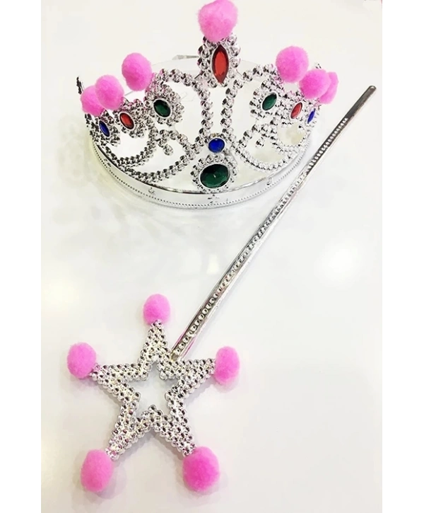 Pembe Ponponlu Gümüş Renk Prenses Tacı Ve Gümüş Renk Prenses Asası