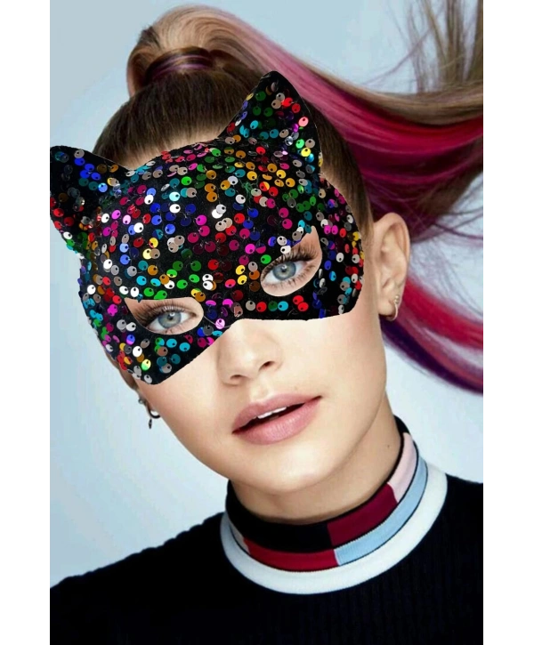 Siyah Kadife Kumaş Üzerine Rengarenk Payetli Pullu Parti Maskesi 16x14 Cm