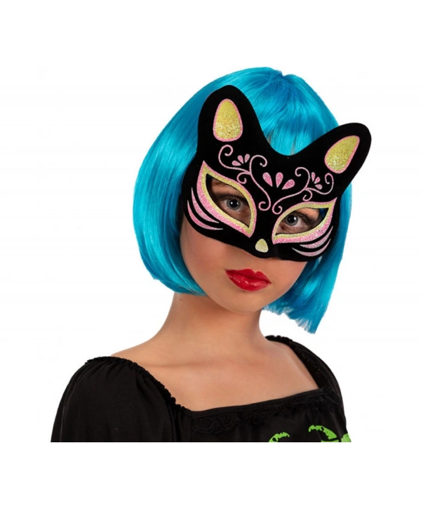 Siyah Renk Süet Kaplama Üzeri Sarı Pembe Simli Kedi Maskesi 17x14 Cm