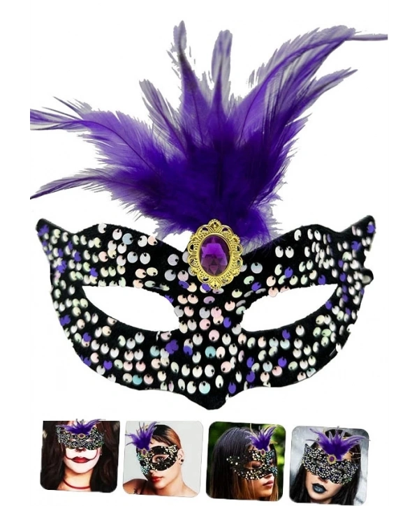 Siyah Kadife Üzeri Rengarenk Payetli Pullu Mor Tüylü Mor Taşlı Parti Maskesi 19x21 Cm