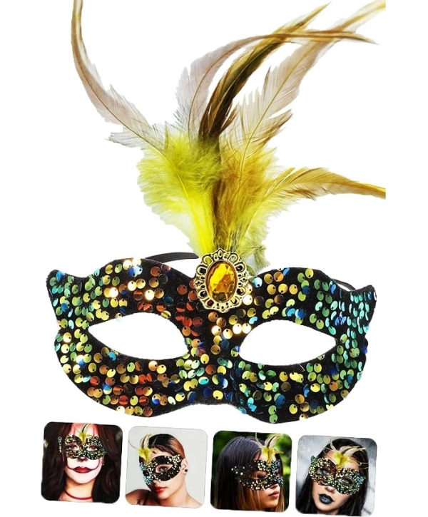 Siyah Kadife Üzeri Rengarenk Payetli Pullu Sarı Tüylü Sarı Taşlı Parti Maskesi 19x21 Cm