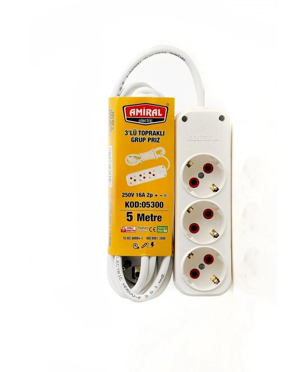 Amiral 3 Lü Topraklı 5 Metre Kablolu Grup Priz