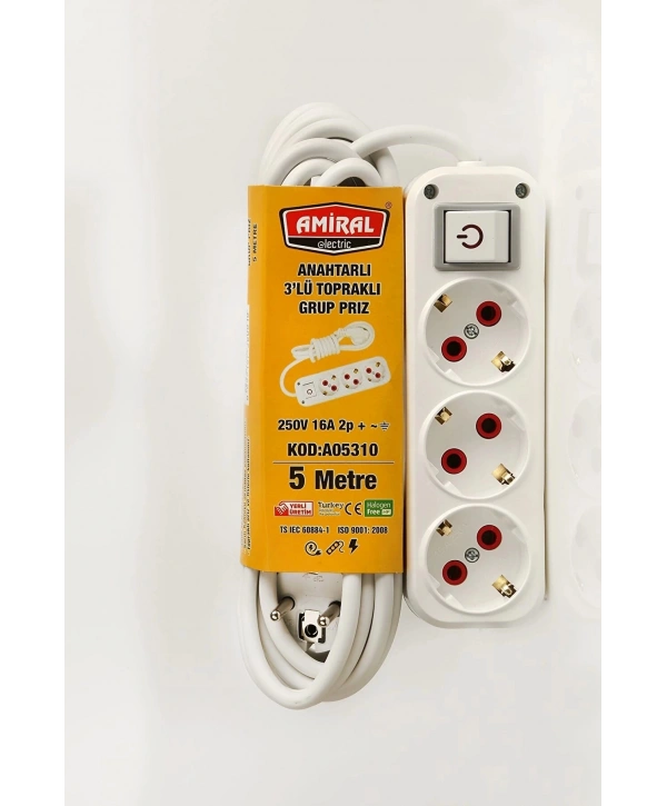 Amiral 3 Lü Topraklı Anahtarlı 5 Metre Kablolu Grup Priz