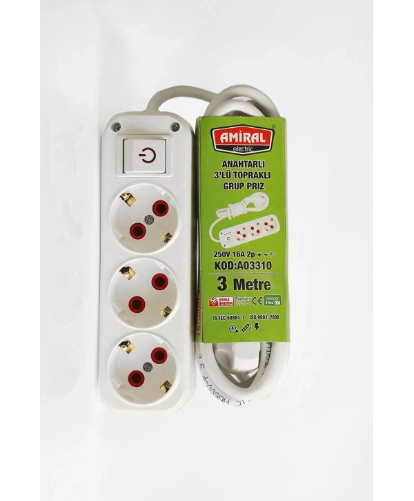 Amiral 3 Lü Topraklı Anahtarlı 3 Metre Kablolu Grup Priz
