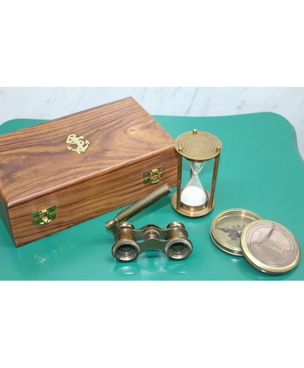 Ahşap Kutulu Pirinç Pusula,kumsaati,dürbün Seti 15682