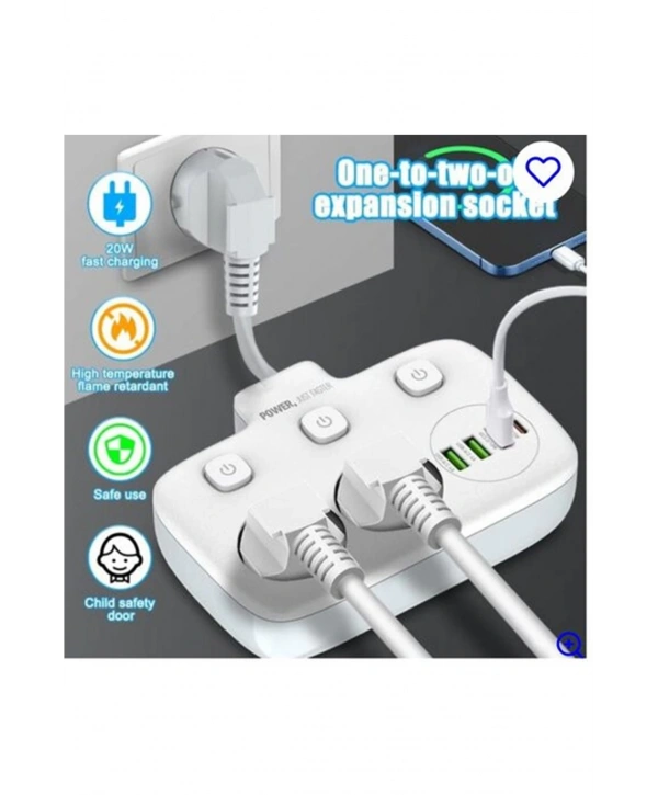 Akım Korumalı 2’li Ayrı Anahtarlı Priz, 2x Priz, 3x Usb, 1x Type-c, 2 Mt Kablo, Hızlı Şarj