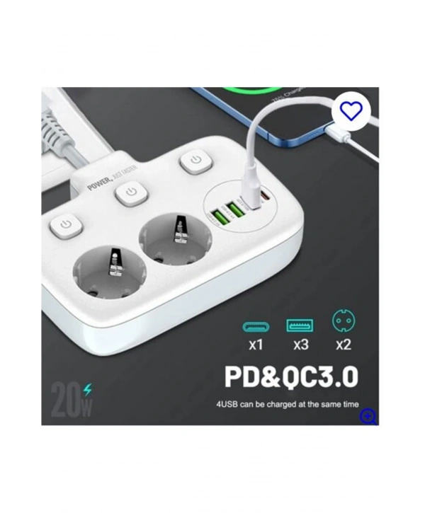 Akım Korumalı 2’li Ayrı Anahtarlı Priz, 2x Priz, 3x Usb, 1x Type-c, 2 Mt Kablo, Hızlı Şarj