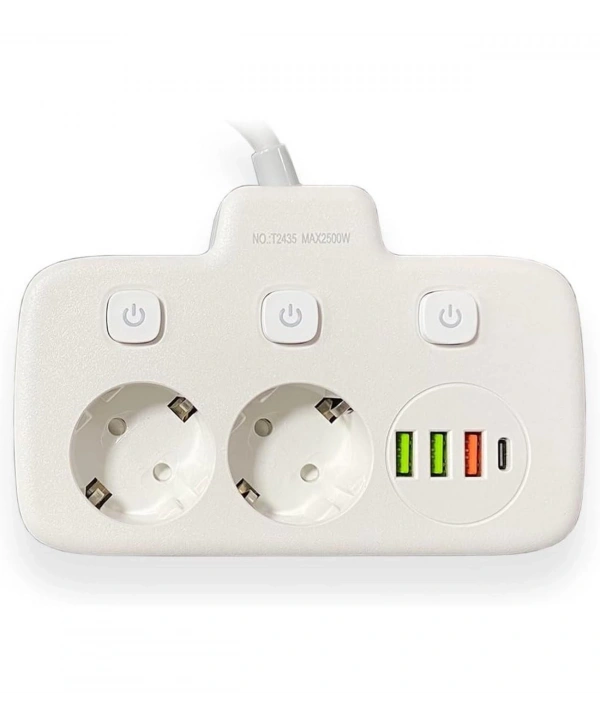Akım Korumalı 2’li Ayrı Anahtarlı Priz, 2x Priz, 3x Usb, 1x Type-c, 2 Mt Kablo, Hızlı Şarj