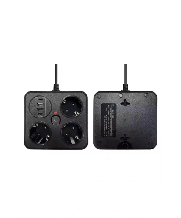 Akım Korumalı Anahtarlı Priz - 3x Priz - 2x Usb - 2x Type-c - 2 Mt Kablo Hızlı Şarj Özellikli Siyah