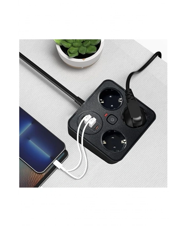 Akım Korumalı Anahtarlı Priz - 3x Priz - 2x Usb - 2x Type-c - 2 Mt Kablo Hızlı Şarj Özellikli Siyah